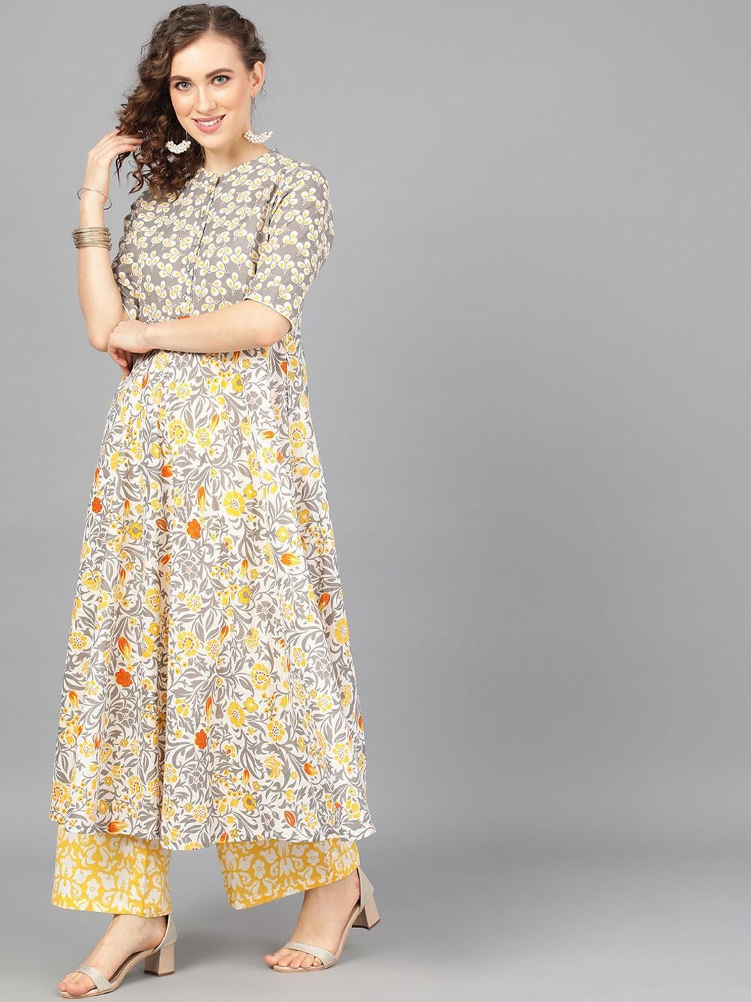 Women's  Grey & Yellow Printed Kurta with Palazzos