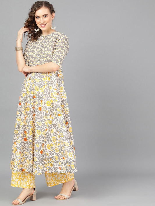 Women's  Grey & Yellow Printed Kurta with Palazzos