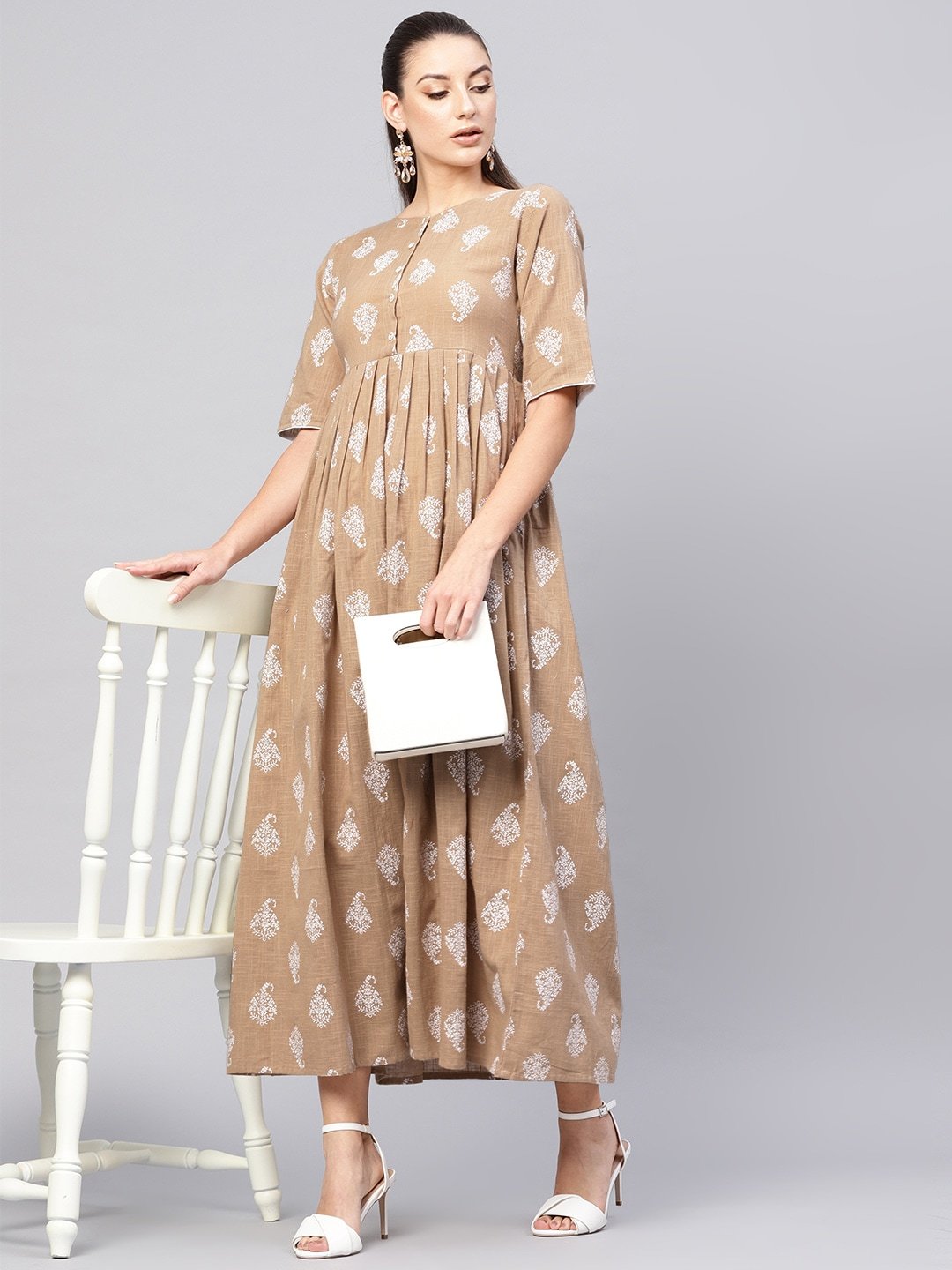 Women's  Beige & White Pleated Khari Print Maxi Dress