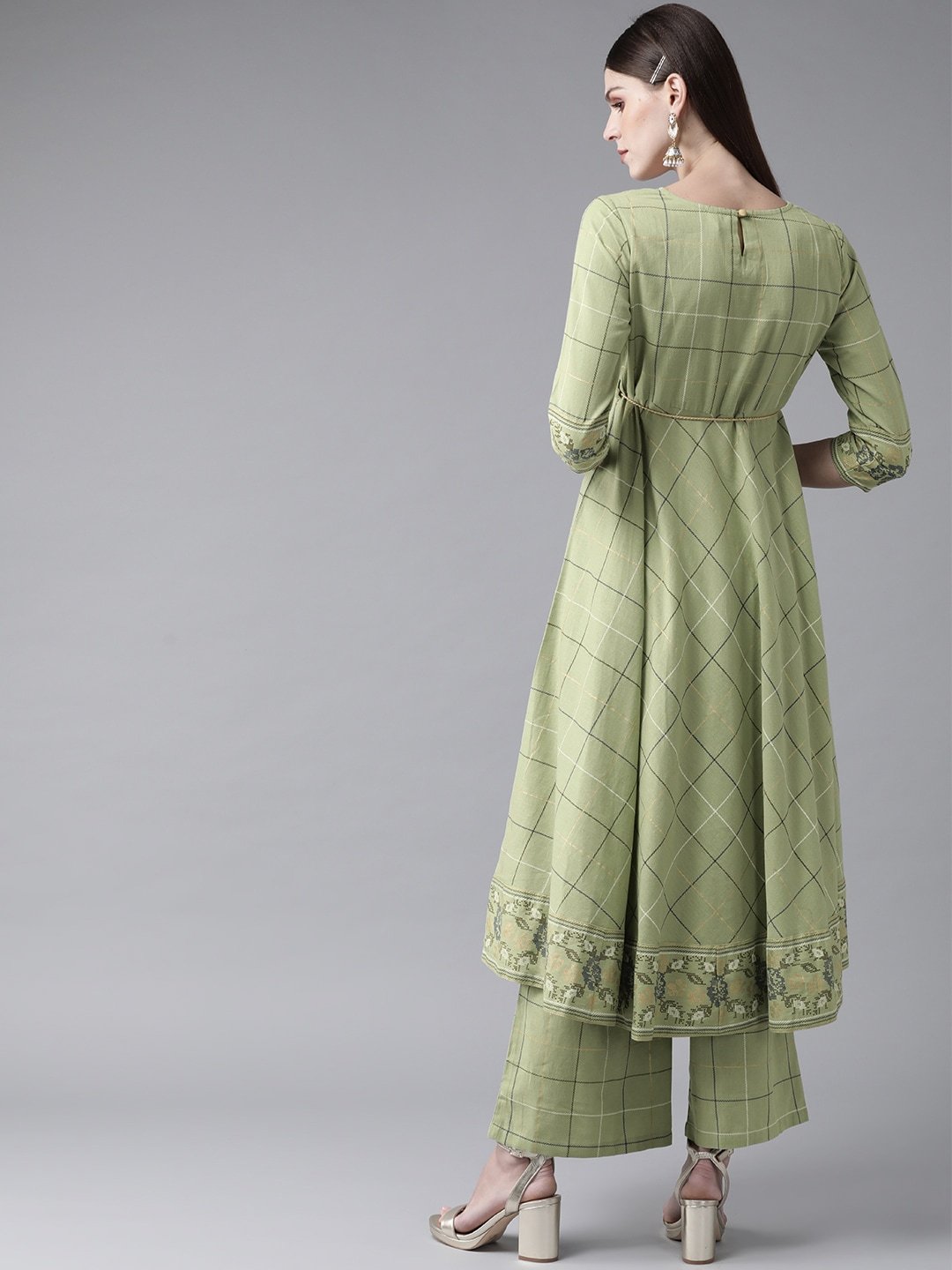 Women's  Green & Golden Checked A-Line Kurta
