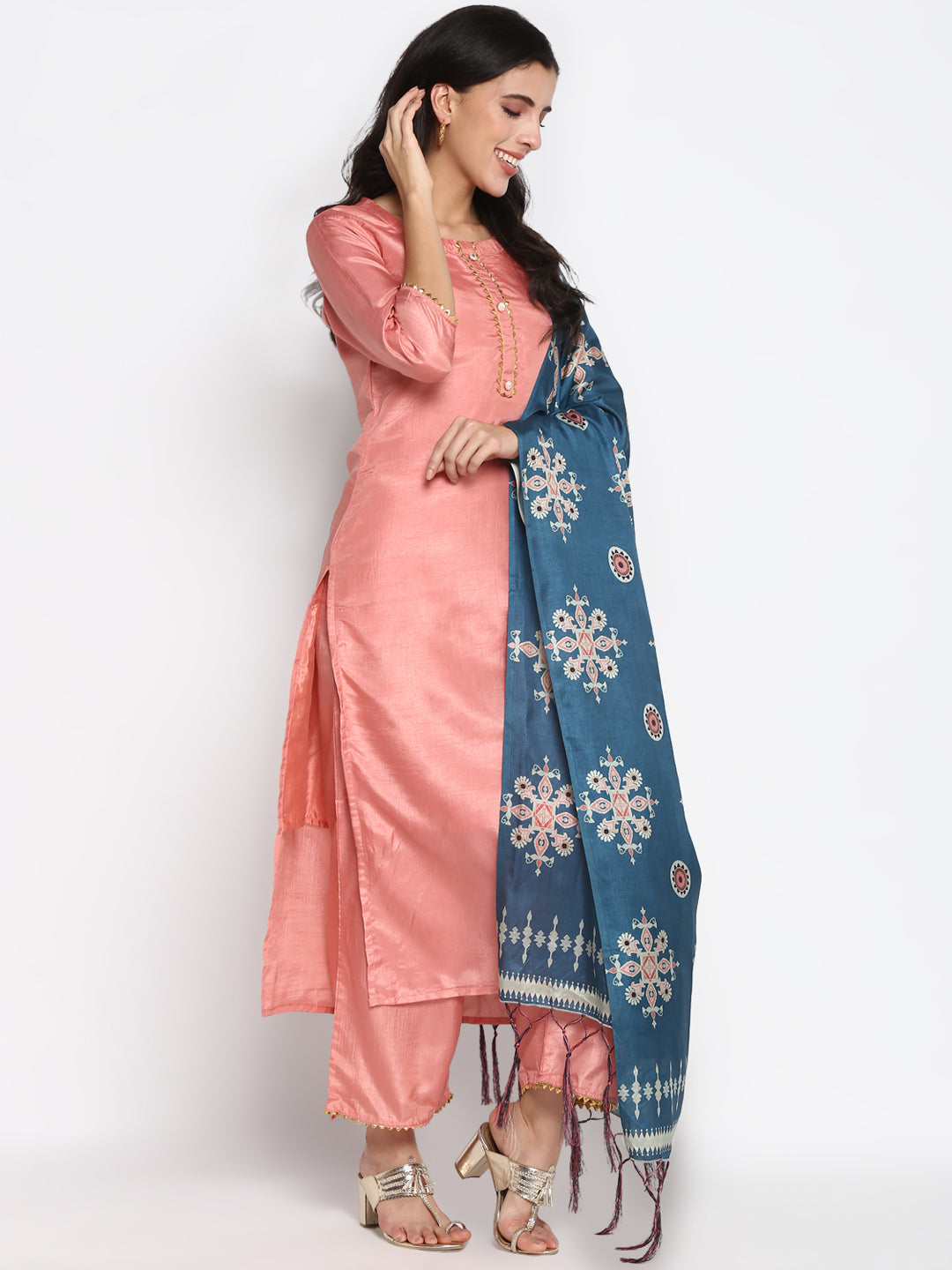 Women's Peach Color Silk Blend Straight Kurta Palazzo With Dupatta