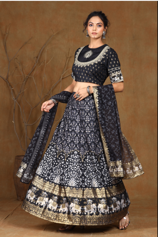 Women's Black Shantoon Embroidred Lehenga Choli Dupatta Set