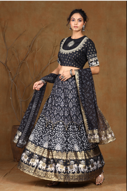 Women's Black Shantoon Embroidred Lehenga Choli Dupatta Set