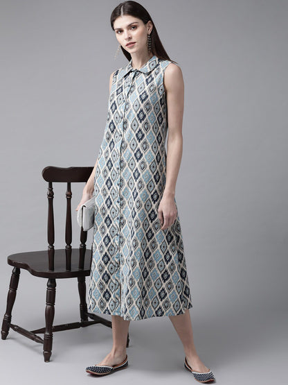 Women's  Blue & Off-White Printed Shirt Dress
