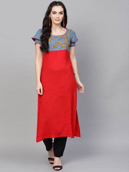 Women's  Red & Grey Yoke Design Empire Straight Kurta