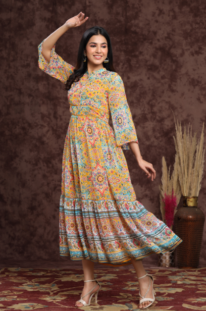 Women's Mustard Chiffon Printed Tiered Dress