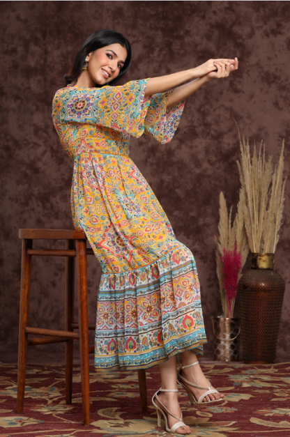 Women's Mustard Chiffon Printed Tiered Dress
