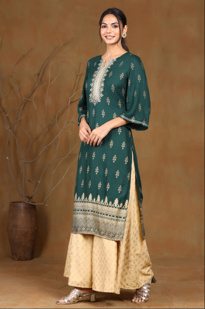 Women's Jadegreen Rayon Moss Printed Straight Kurta