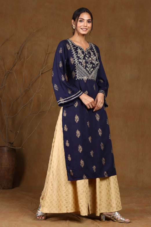 Women's Navyblue Rayon Embroidered Straight Kurta