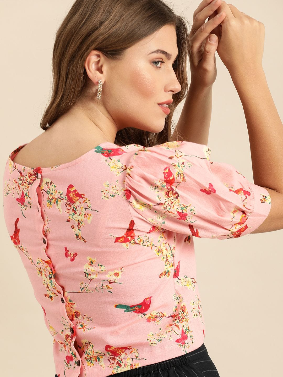 Women's Pink & Yellow Floral Printed Regular Crop Top