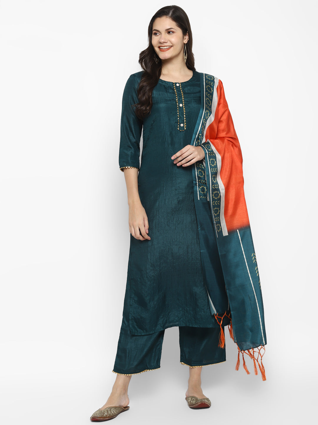 Women's Green Color Silk Blend Straight Kurta Palazzo With Dupatta