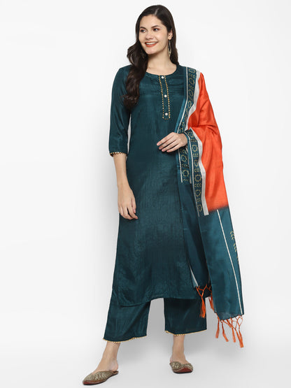Women's Green Color Silk Blend Straight Kurta Palazzo With Dupatta