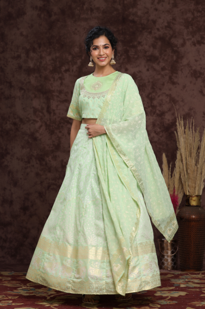 Women's Mint Shantoon Embroidred Lehenga Choli Dupatta Set