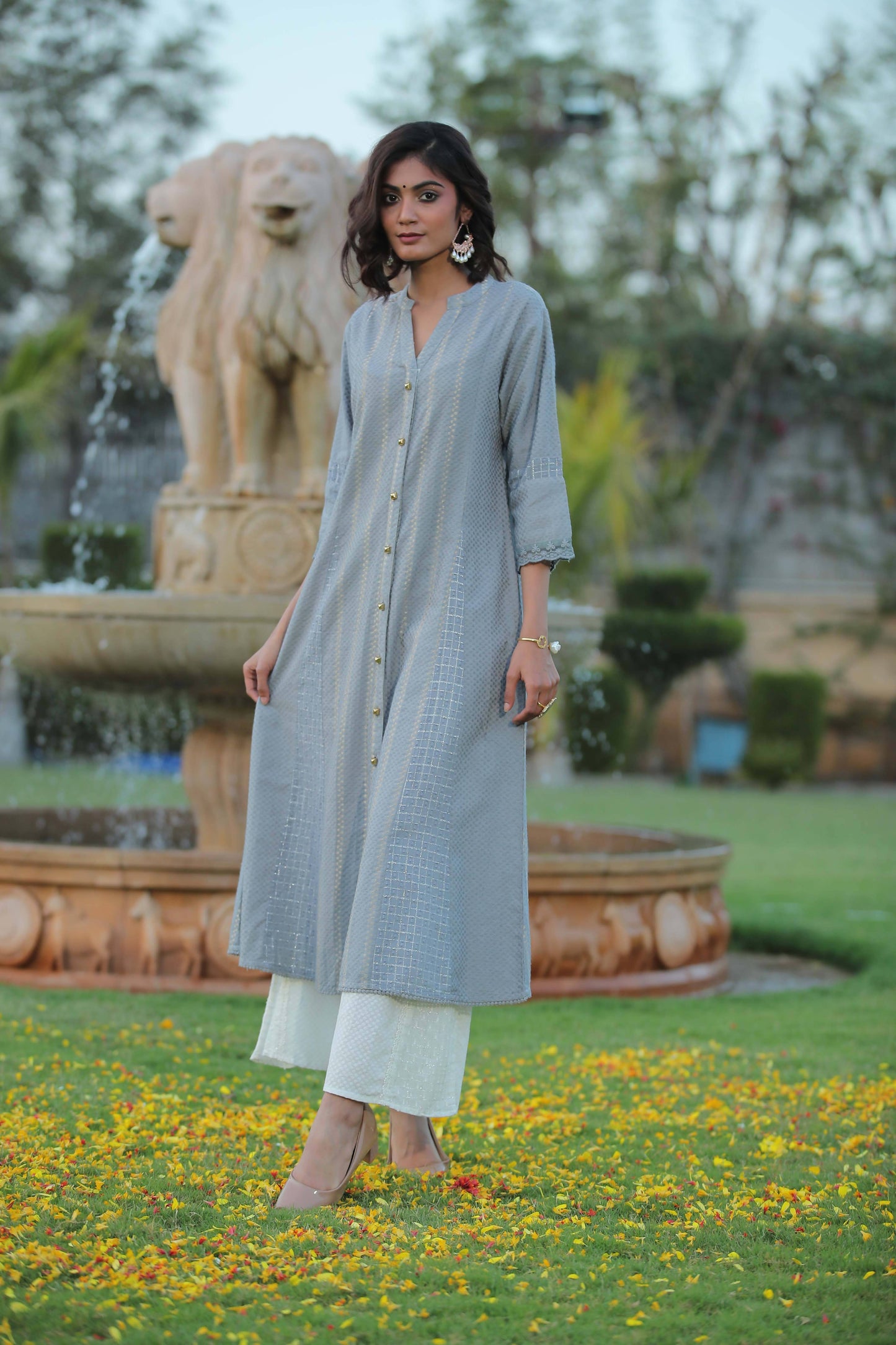 Women's Aqua Cotton Dobby Printed A-Line Kurta With Mask