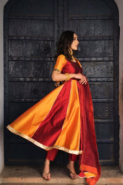 Women's Double Shade Orange And Maroon Taffeta Silk Anarkali With Organza Dupatta Set