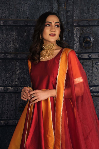 Women's Double Shade Orange And Maroon Taffeta Silk Anarkali With Organza Dupatta Set