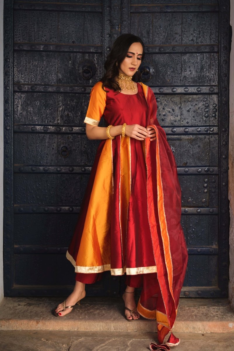 Women's Double Shade Orange And Maroon Taffeta Silk Anarkali With Organza Dupatta Set
