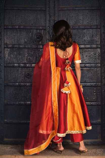 Women's Double Shade Orange And Maroon Taffeta Silk Anarkali With Organza Dupatta Set