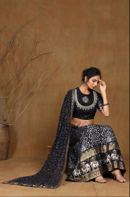 Women's Black Shantoon Embroidred Lehenga Choli Dupatta Set