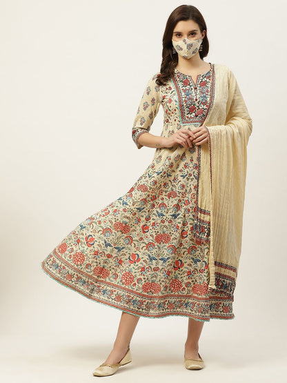 Women's Printed Flared Dress & Dupatta Set with Mask