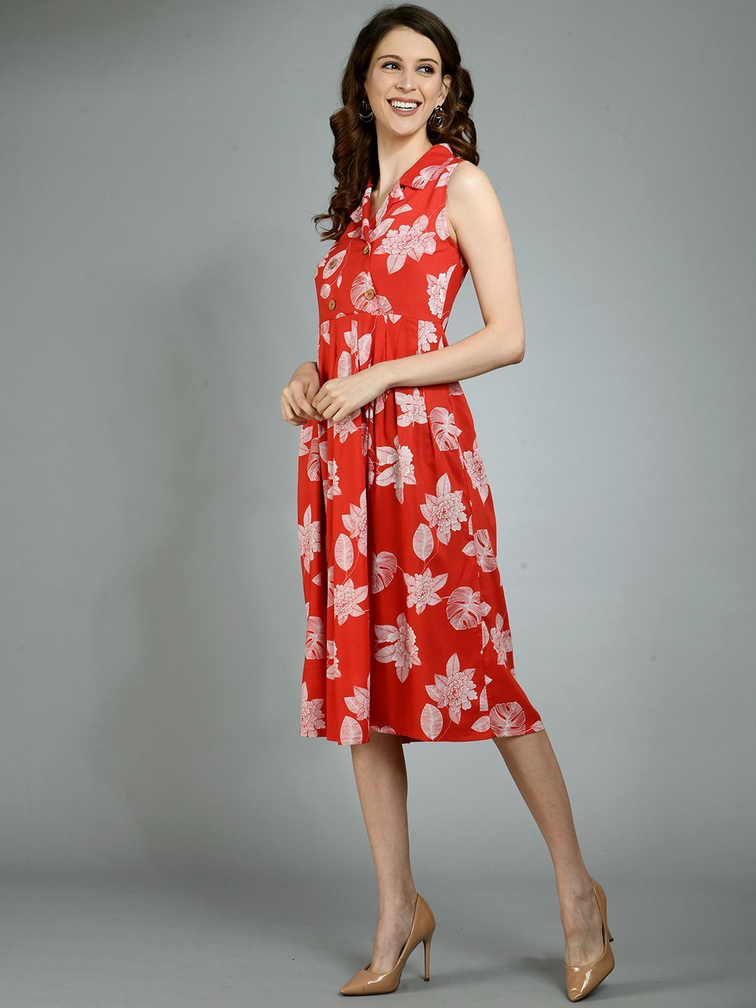 Women's Red Rayon Printed Sleeveless Collar Neck Casual Dress