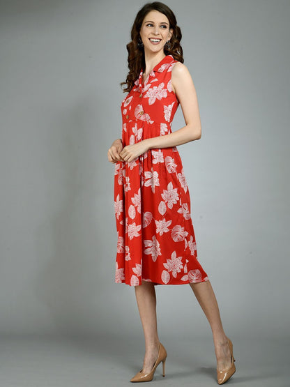 Women's Red Rayon Printed Sleeveless Collar Neck Casual Dress
