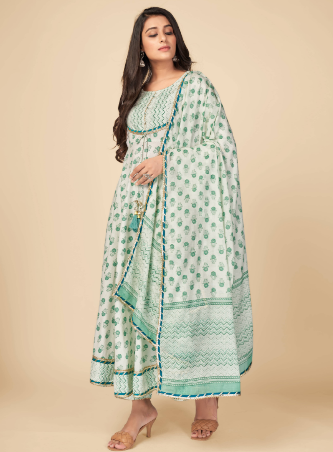 Women's Printed & Gota Patti Work Anarkali Cotton Green Kurta Pant With Dupatta (3Pcs Set)