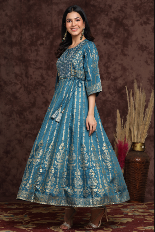 Women's Teal Shantoon Printed Anarkali Dress