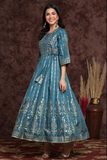 Women's Teal Shantoon Printed Anarkali Dress