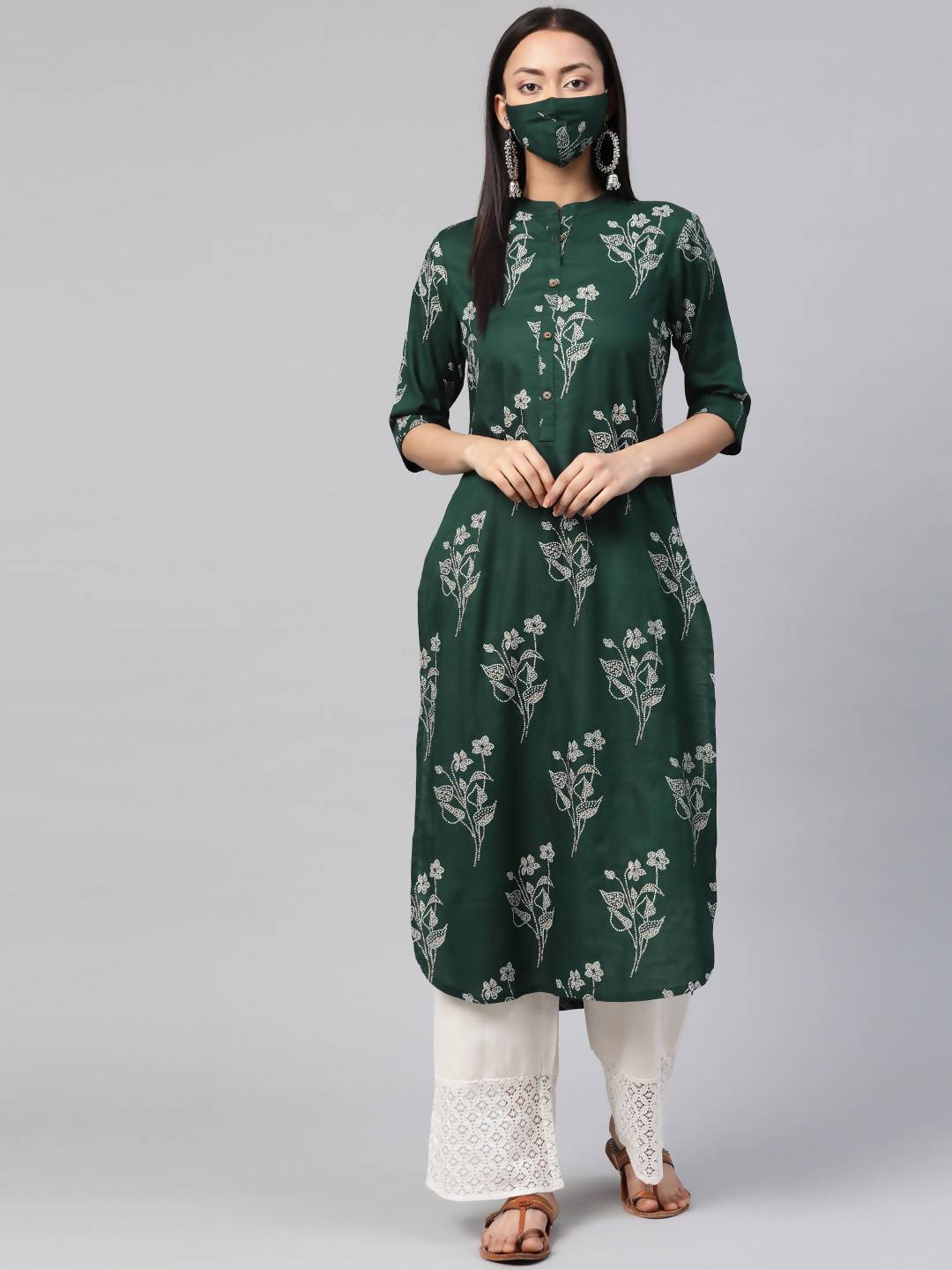 Buy_Women's_Jadegreen_Rayon_Slub_Bandhani_Straight_Kurta_With_Mask_Online_Trendia
