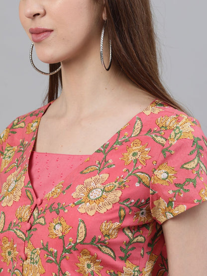 Women's Pink Floral Printed double Layered Maxi