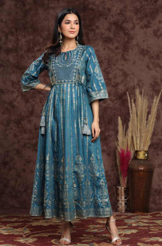 Women's Teal Shantoon Printed Anarkali Dress