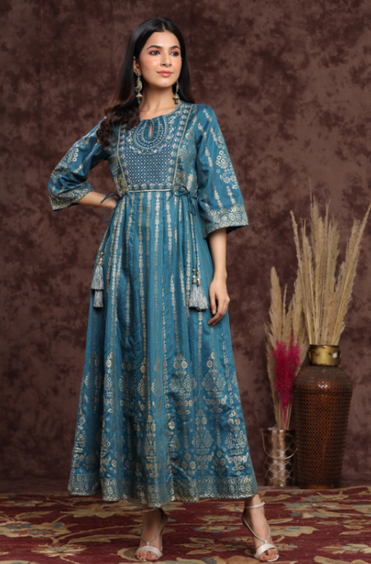 Women's Teal Shantoon Printed Anarkali Dress