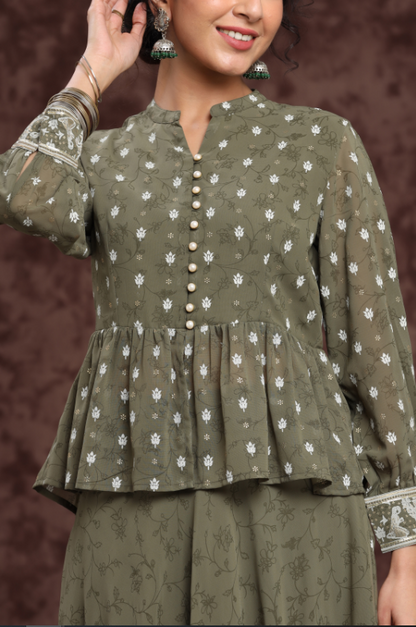 Women's Olive Georgette Printed Lehenga Choli