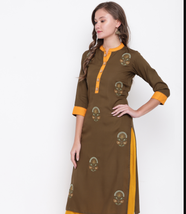 Women's Embroidered Straight Rayon Mehendi Green Kurta (1Pc)
