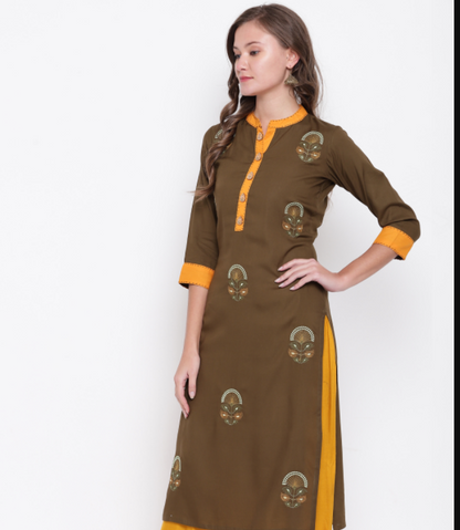 Women's Embroidered Straight Rayon Mehendi Green Kurta (1Pc)