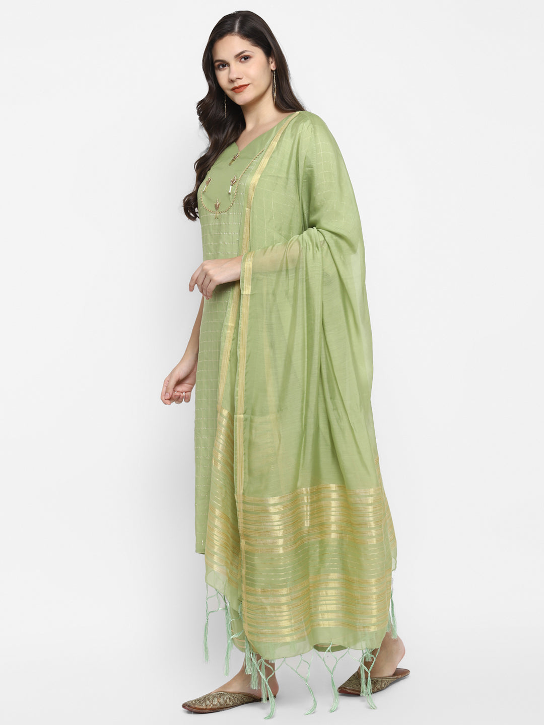 Women's Green Color Chanderi Silk Embroidered Straight Kurta Palazzo With Dupatta