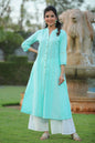 Women's Aqua Cotton Dobby Printed A-Line Kurta With Mask