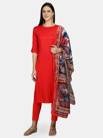 Women's Red Cotton Solid 3/4 Sleeve Round Neck Casual Kurta Pant Dupatta Set