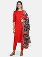 Women's Red Cotton Solid 3/4 Sleeve Round Neck Casual Kurta Pant Dupatta Set