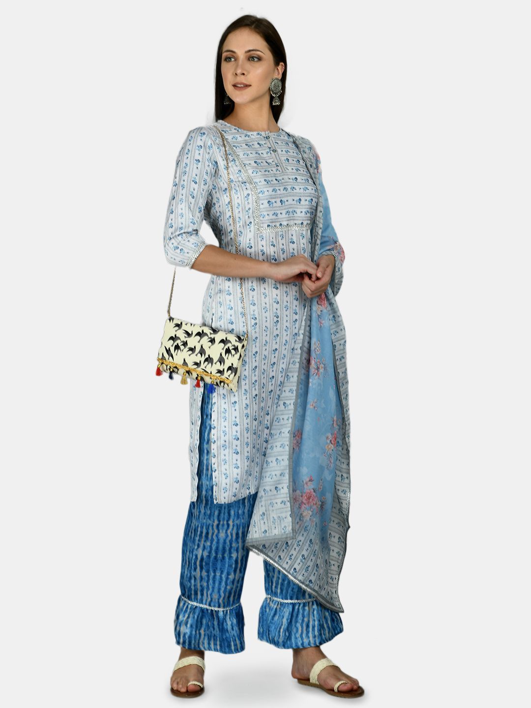 Women's Blue Silk Printed 3/4 Sleeve Round Neck Casual Kurta Palazzo Dupatta Set