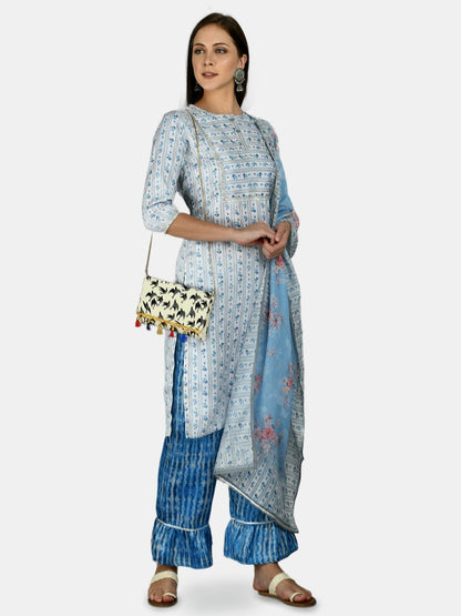 Women's Blue Silk Printed 3/4 Sleeve Round Neck Casual Kurta Palazzo Dupatta Set