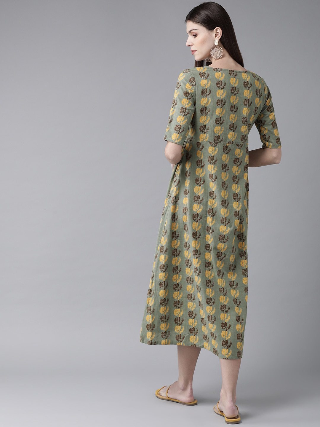 Women's  Green & Yellow Printed A-Line Dress