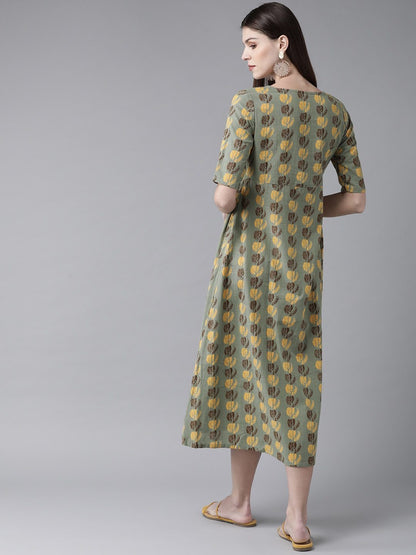 Women's  Green & Yellow Printed A-Line Dress