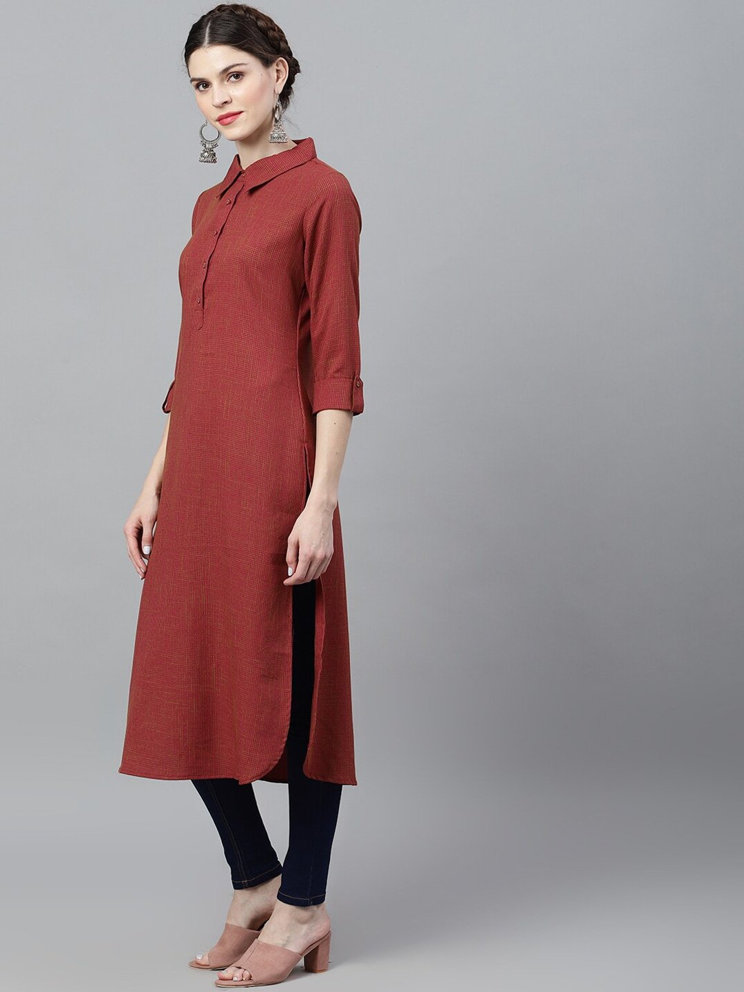 Women's  Maroon & Olive Green Solid Pathani Kurta