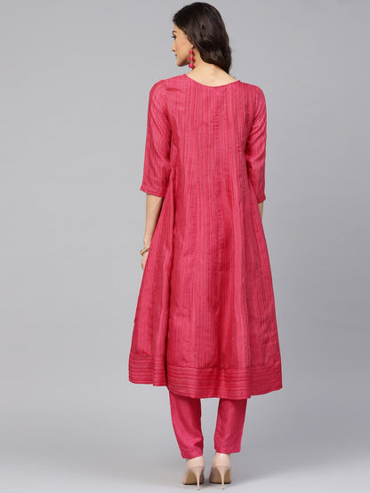 Women's  Pink Striped Angrakha A-Line Kurta