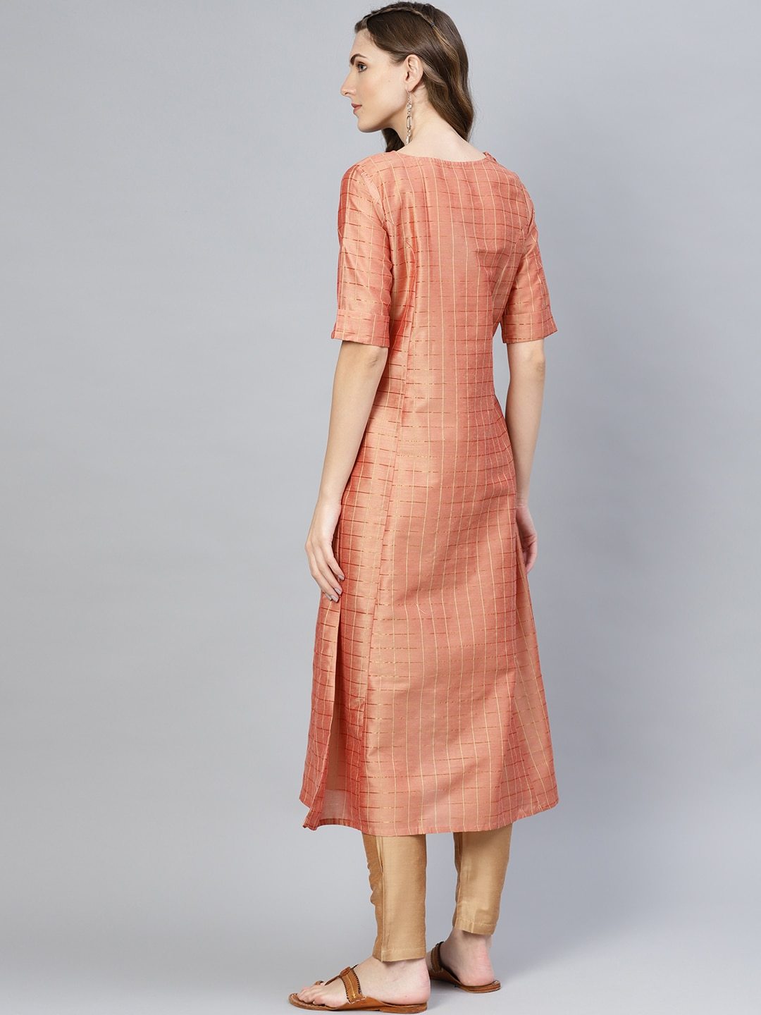 Women's  Peach-Coloured & Golden Checked A-Line Kurta