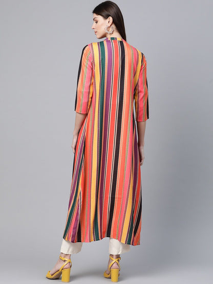 Women's  Orange & Black Striped Open Front Long Ethnic Jacket