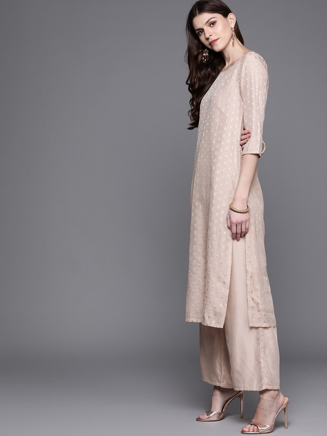 Women's  Dusty Pink & Golden Woven Design Kurta with Palazzos