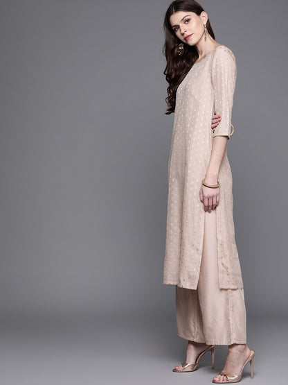 Women's  Dusty Pink & Golden Woven Design Kurta with Palazzos
